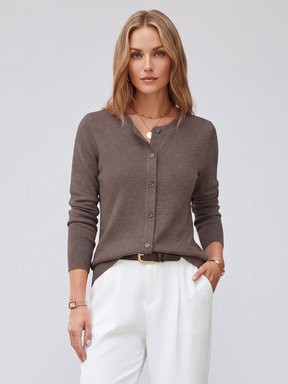 Women's Brown Wool Blend Lightweight Cardigan Button Front Business Casual Top